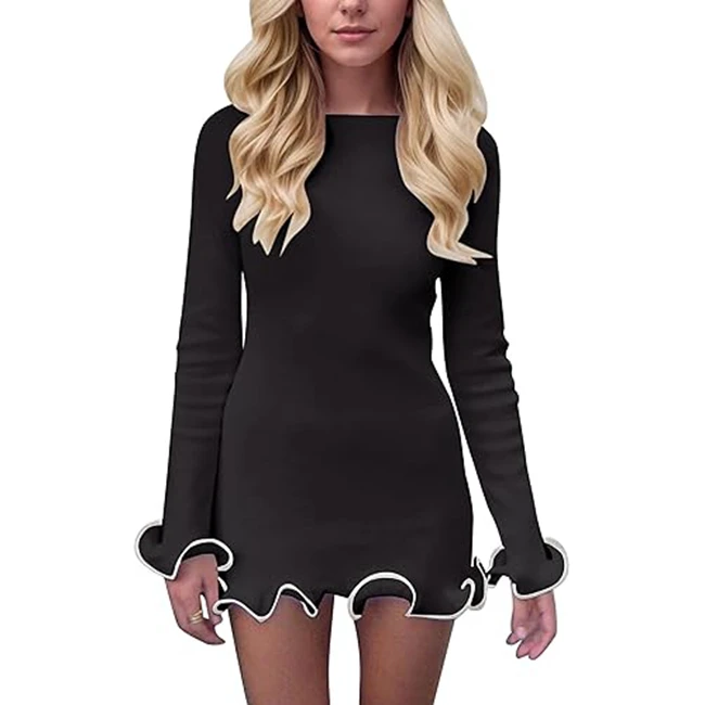 Channel Fall 2024 Boat Neck Long Sleeve Frill Tirm Mini Dress For Women Cute Ruffle Hem Bodycon Short Dress