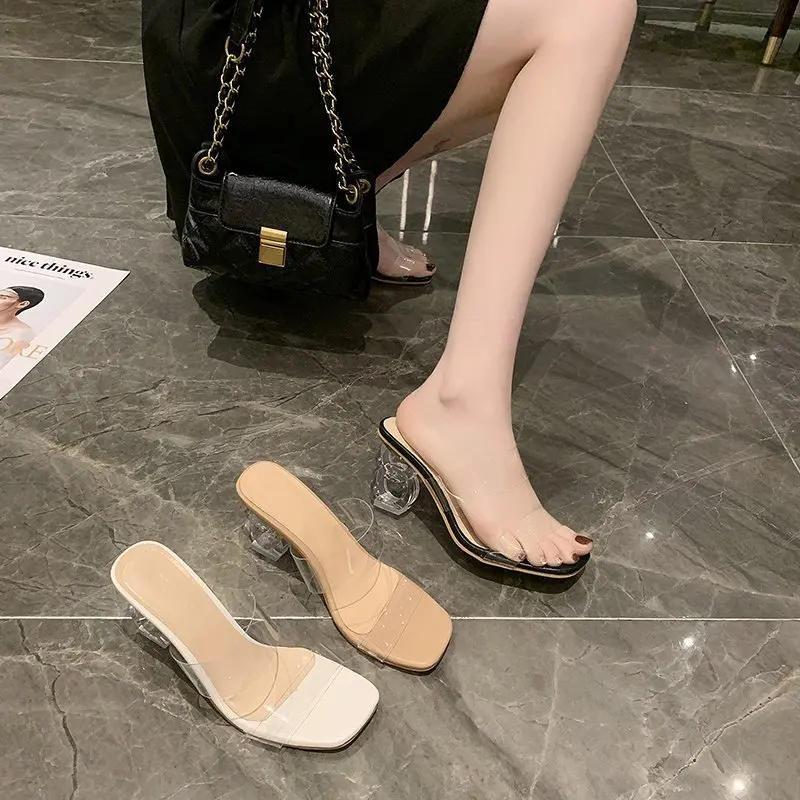 2021Summer New Design Transparent Sandal Crystal High Heels 7 cm PU Pure Color Sandal