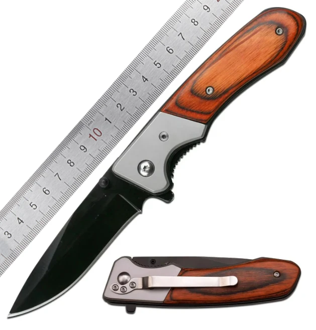 Folding Pocket Knife Stainless Steel Drop Point Blade, Brown Wood Handle with Stainless Steel  Pocket Clip, Tactical, EDC,