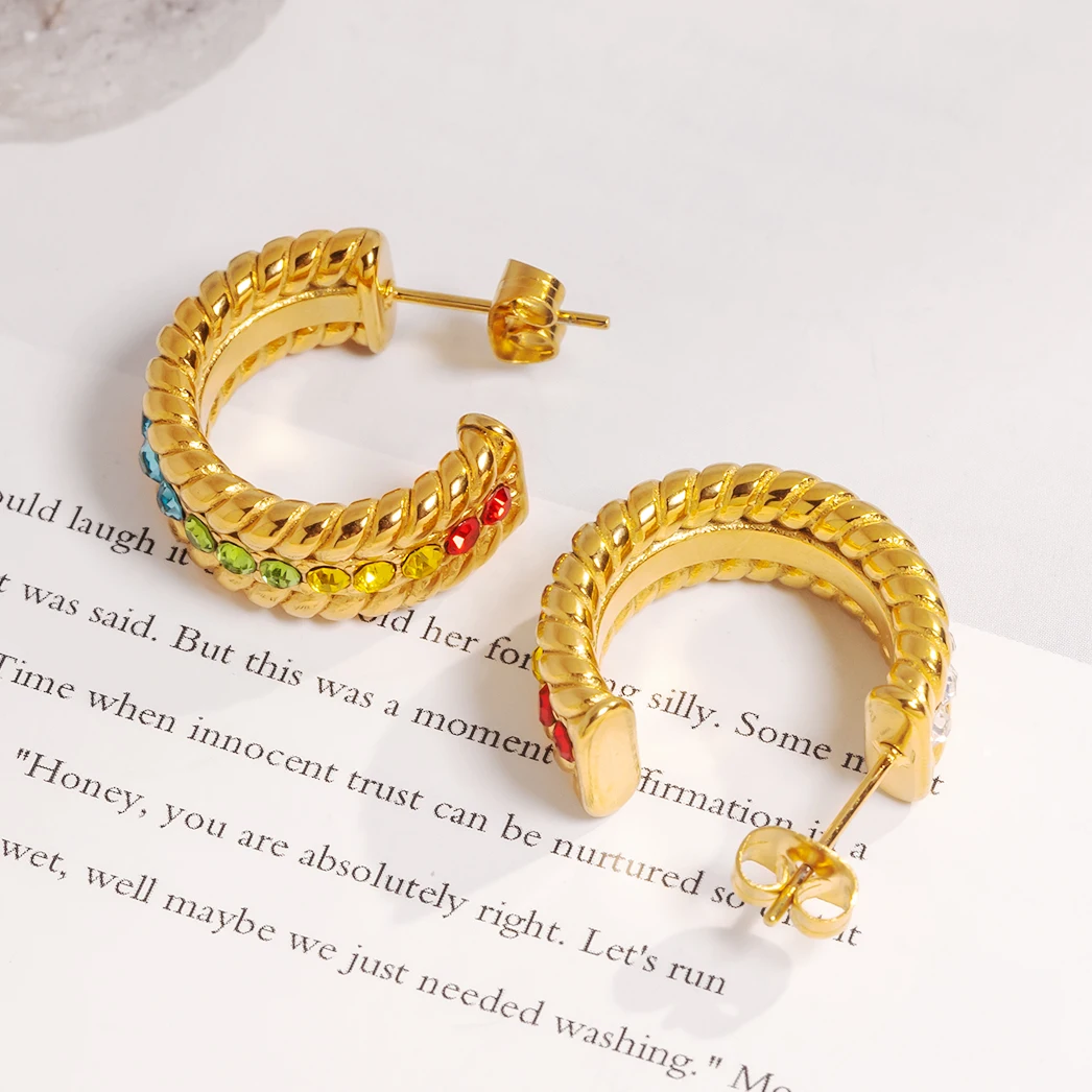 Waterproof Jewelry 18K Gold Plated Triangle Shape Design Geometric Earring Stainless Steel Colors Zircon Inlaid Women Earrings