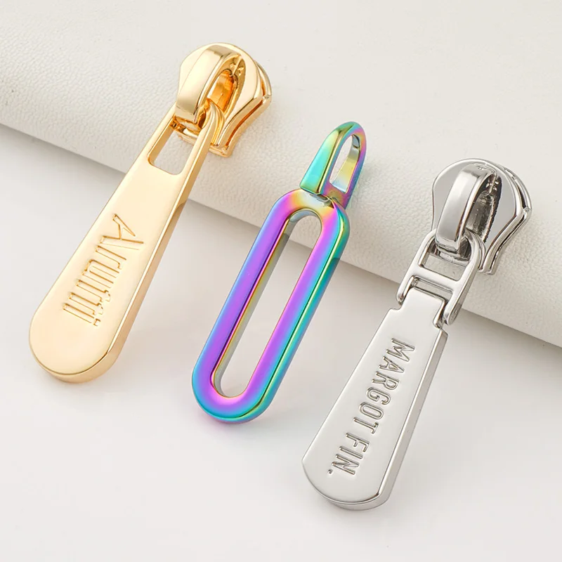 Purse Bag Hardware Custom Zipper Slider 5# Zip Puller Engraved Logo Metal Puller Zipper Gold Metal Zipper Pull for Handbags