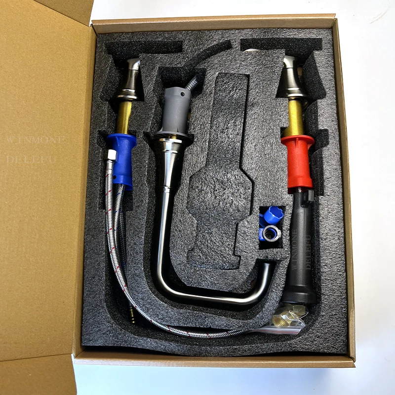 Modern Deck Mount Double Handle Swivel Chrome Industrial Taps 3 Hole Bathroom Brushed Nickel Waterfall Basin Faucet