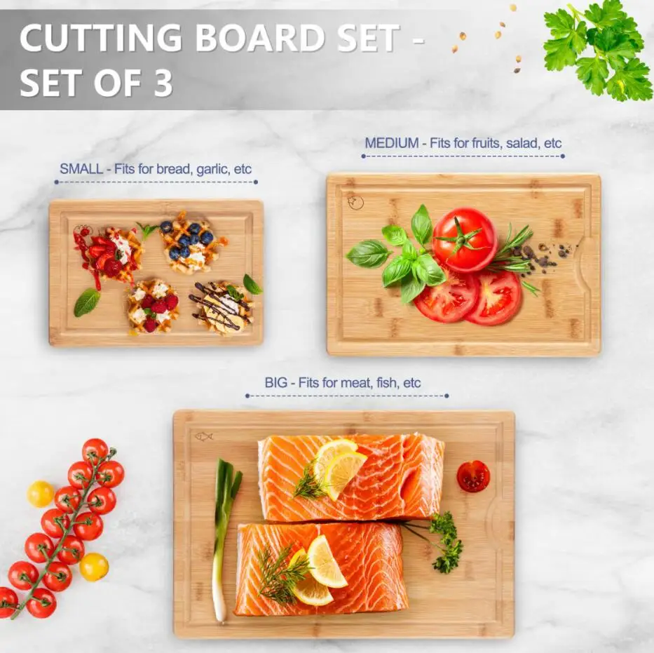 With Juice Tray Groove and Utensils Set Food Grade Wood Cutting Board for Gift Size Bamboo Customized Chopping Blocks Kitchen
