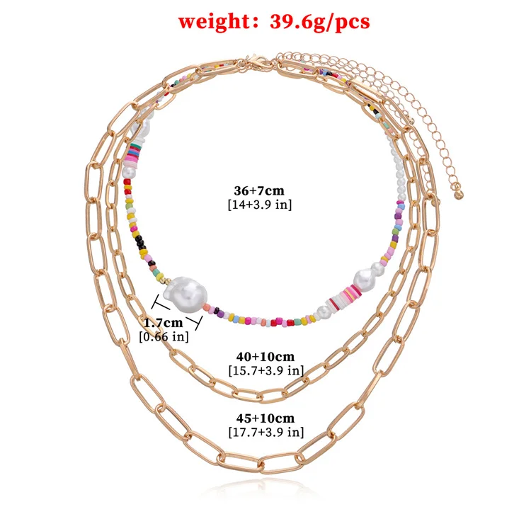 Hot Selling Colorful Polymer Clay Acrylic Rice Beads Pearl Necklace Boho Gold Plated Cuban Chain Necklace for Women