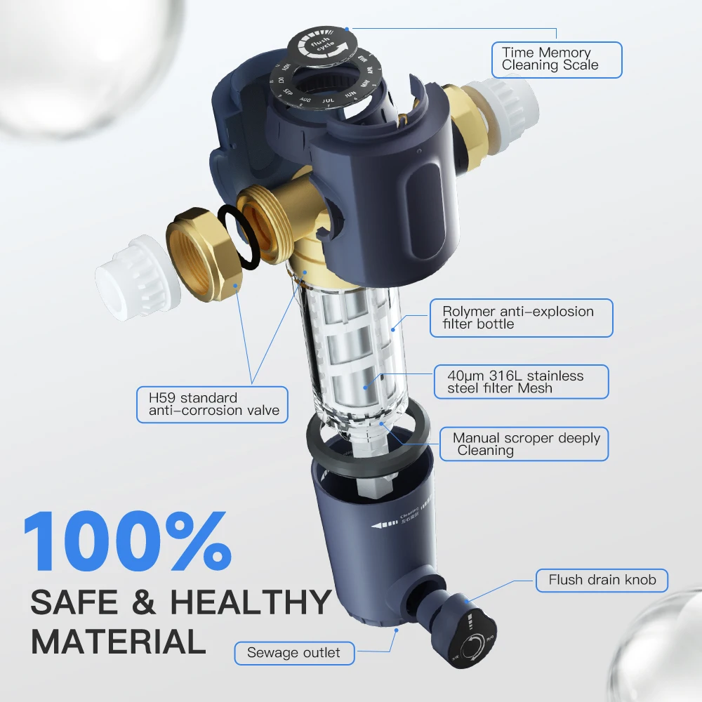 Intelligent Pre Filter Manual Household Time Memory Water Purifier for with No-replacement 316 Stainless Steel Filtration Mesh
