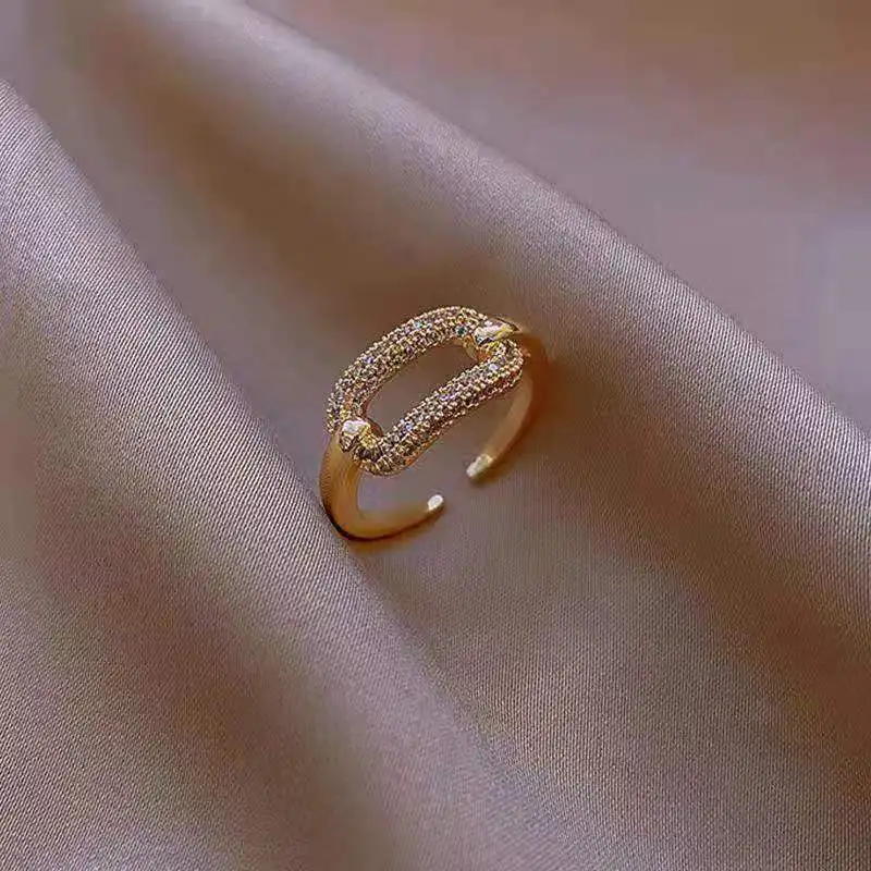 New Goth Hollow Out Square Metal Gold Colon Zircon Open Ring For Woman Fashion Shining Jewelry Student Party Luxury Unusual Ring