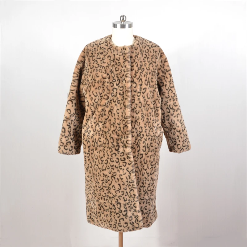 Factory Wholesale Custom Streetwear New Luxury Leopard Print Faux Fur Trench Coat Women High Quality