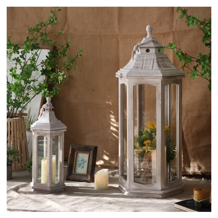 Decorative Lantern Retro Wooden Shooting Props Glass Lantern Candle Jars