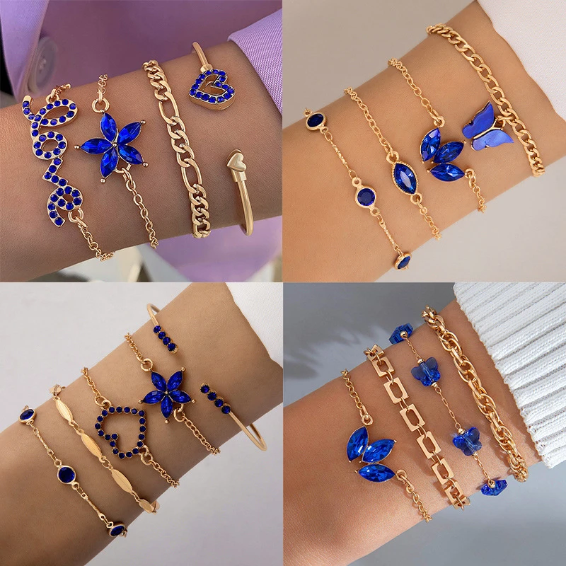 Fashion 4Pcs/Set Blue Resin Acrylic Butterfly Bracelets Set Crystal Rhinestones Pearl Bracelets For Women Girls