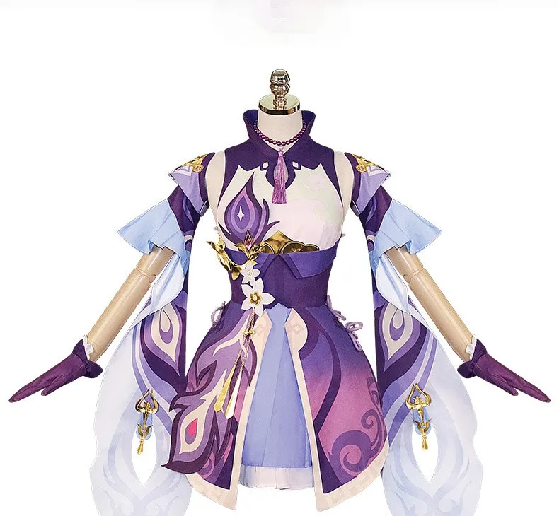 JCOSTNG Genshin Impact Keqing Women Halloween Shirt Pants Cloak Full Set Cosplay Costume