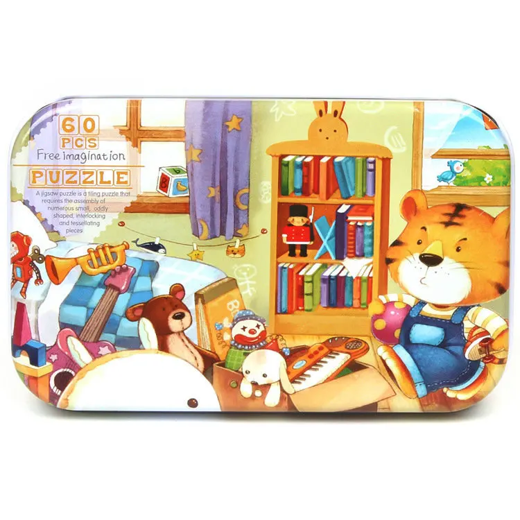 Wooden Puzzle Metal box Toddler 60 Piece Iron Box Puzzle Kindergarten Early Education Wooden toys Jigsaw Puzzles