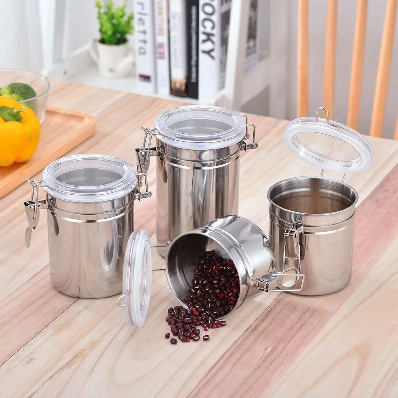 410 Stainless Steel Household kitchen Food Container Set seal pot with lock clip top lids