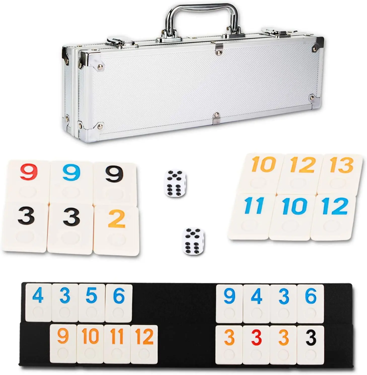 Factory Custom rummy game set 106pcs rummy chips with black plastic rack in a aluminum case or tin box