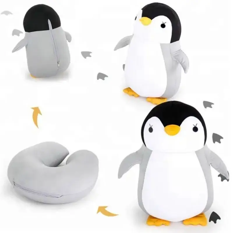 Personalized Convertible Soft Plush Penguin Travel Neck Massage Pillow Custom OEM Cute Kids Memory Foam Animal nap Pillow 2 in 1