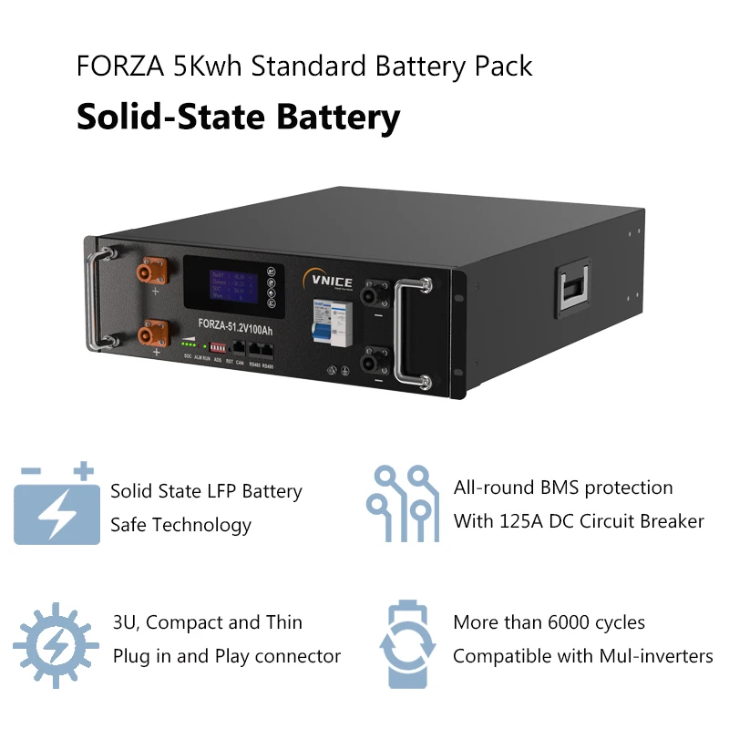 VNICE FORZA-51.2V100Ah Semi-Solid State Battery 5KWH Rack Mounted stackable Lithium Ion Battery for Solar Home Energy Storage