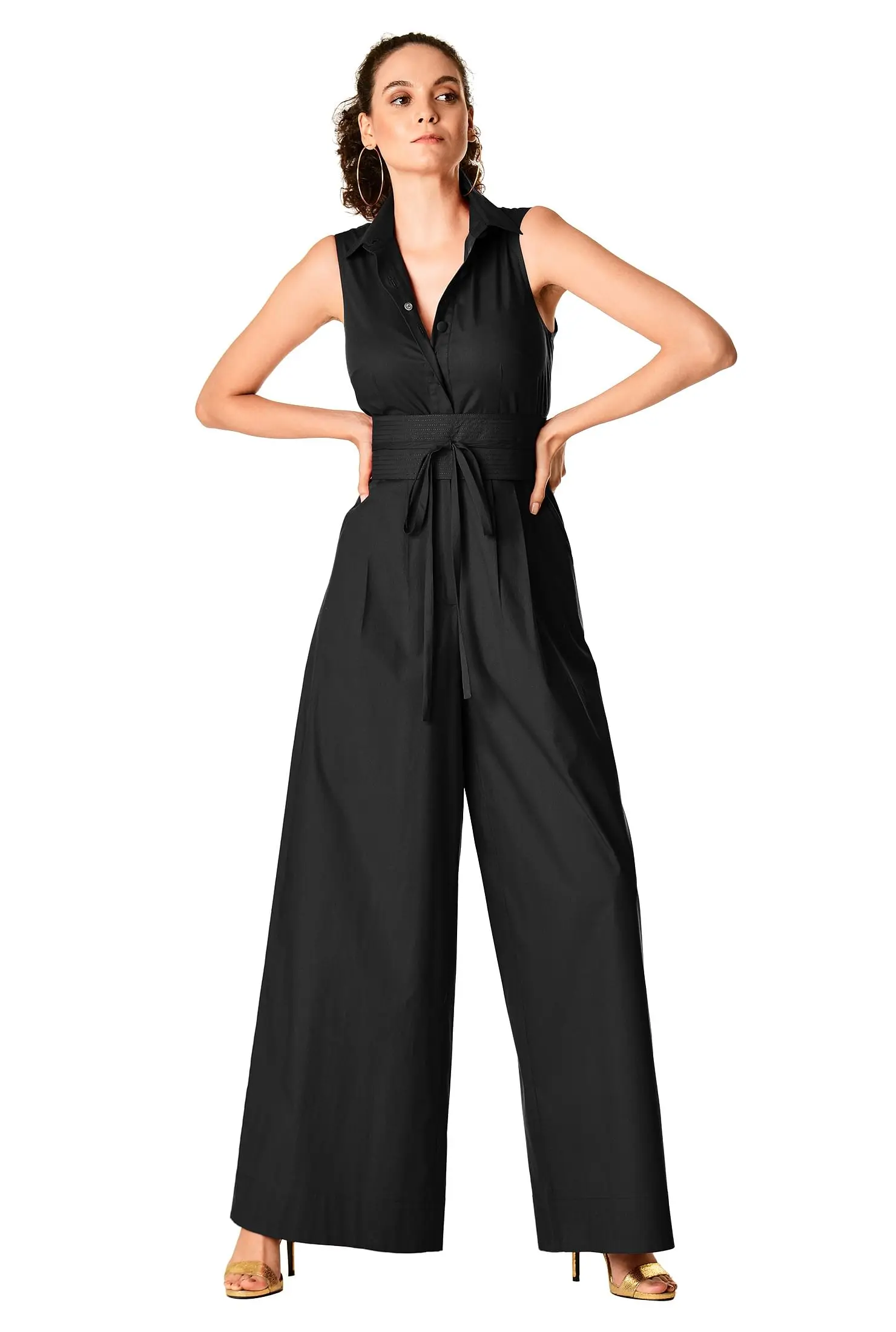 Office Ladies Design Solid Cotton Poplin Sleeveless Obi Belt Wide-legs bodycon Shirt Jumpsuit