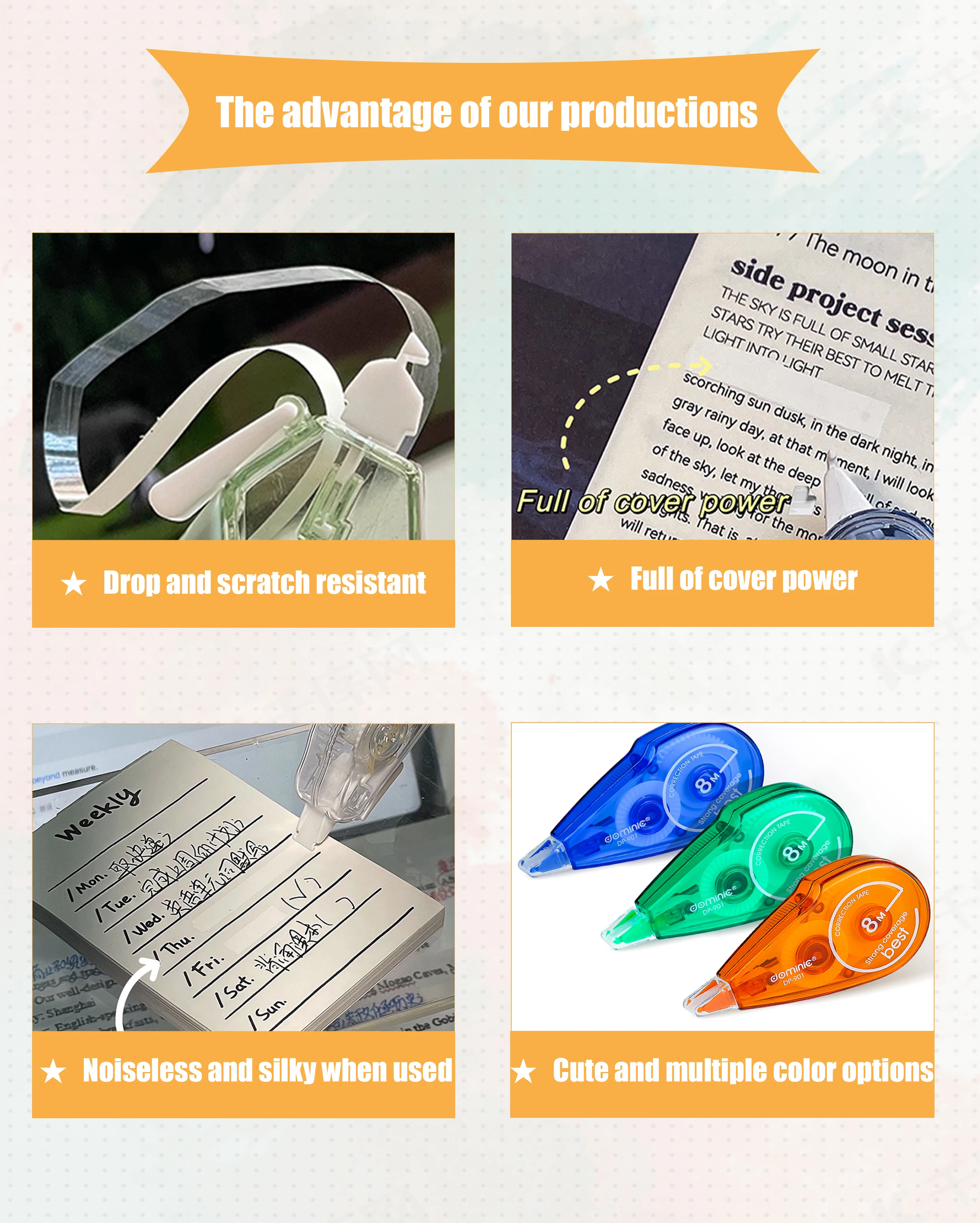 Stationery set noiseless durable large capacity cute multi-color portable correction tape for children office tools set
