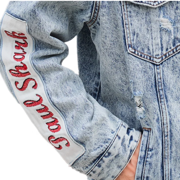 2021 New Fashion Acid Washed Denim Jacket With Big Patches Long Sleeve Distressed Patch Denim Jacket For Men