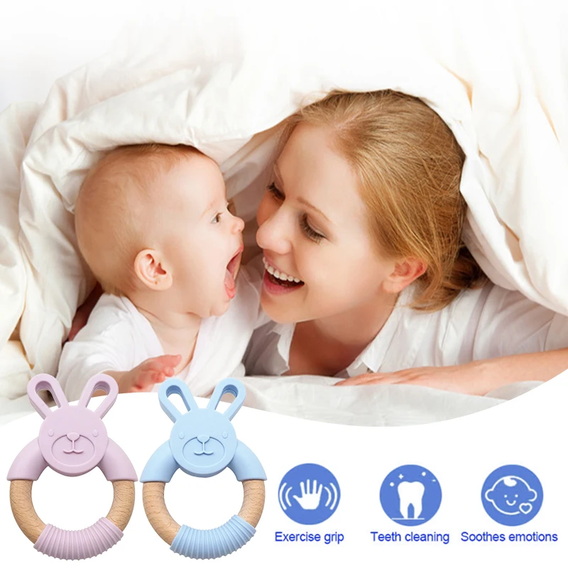 Лидер продаж, милые пищевой кролик формы силиконовые и деревянные Детские Прорезыватель для зубов милые ручки для прорезывания зубов Жевательная силиконовый Банни Прорезыватель для зубов