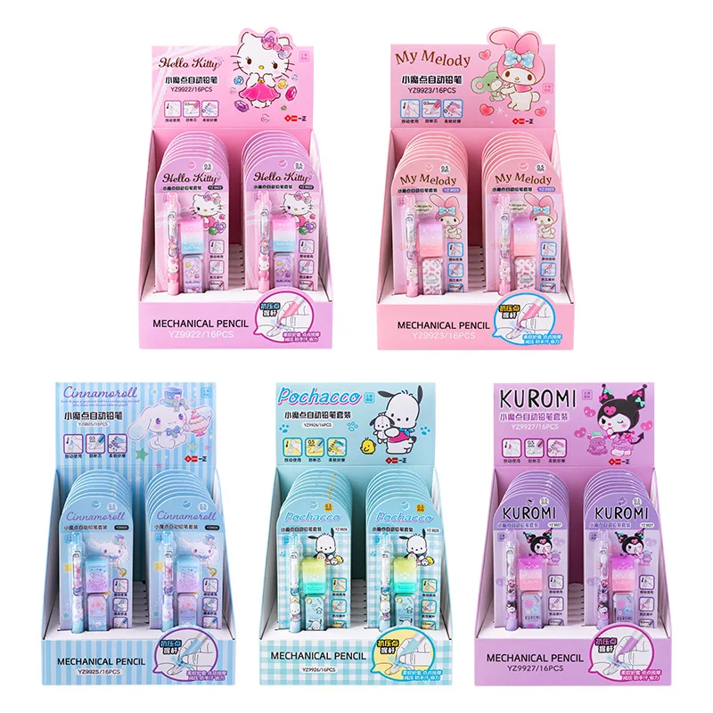 16pcs Sanriio Mechanical Pencils Eraser Stationery Set Kuromi Melody Pachacco kitty Kids Automatic Pencil School Kids Gifts