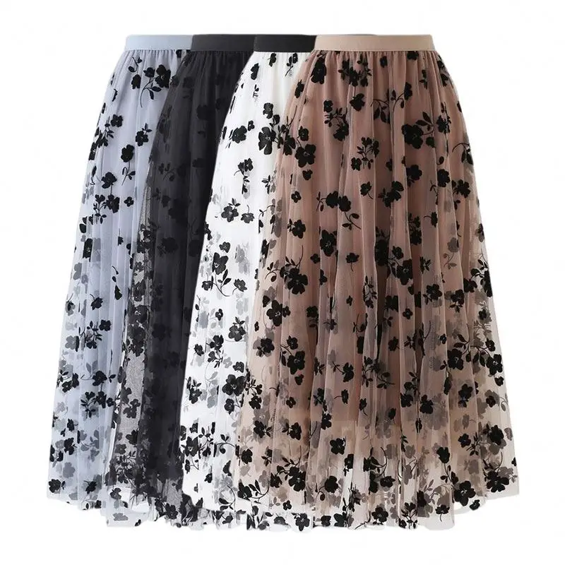 Elegant Casual Mesh Sexy Summer Maxi Sweet Latest Design Silky Winter Flowers Long Women High Waist A Line Elastic Tulle Skirt