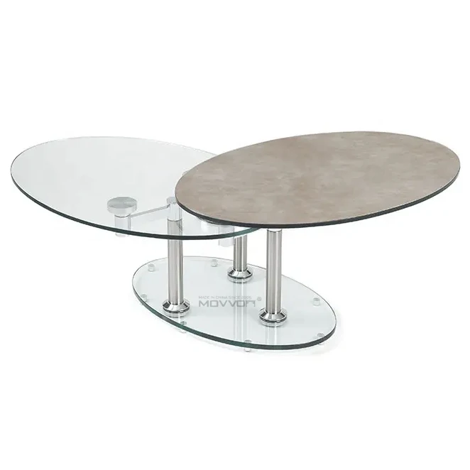 Modern functional  tempered glass top oval full swivel coffee table
