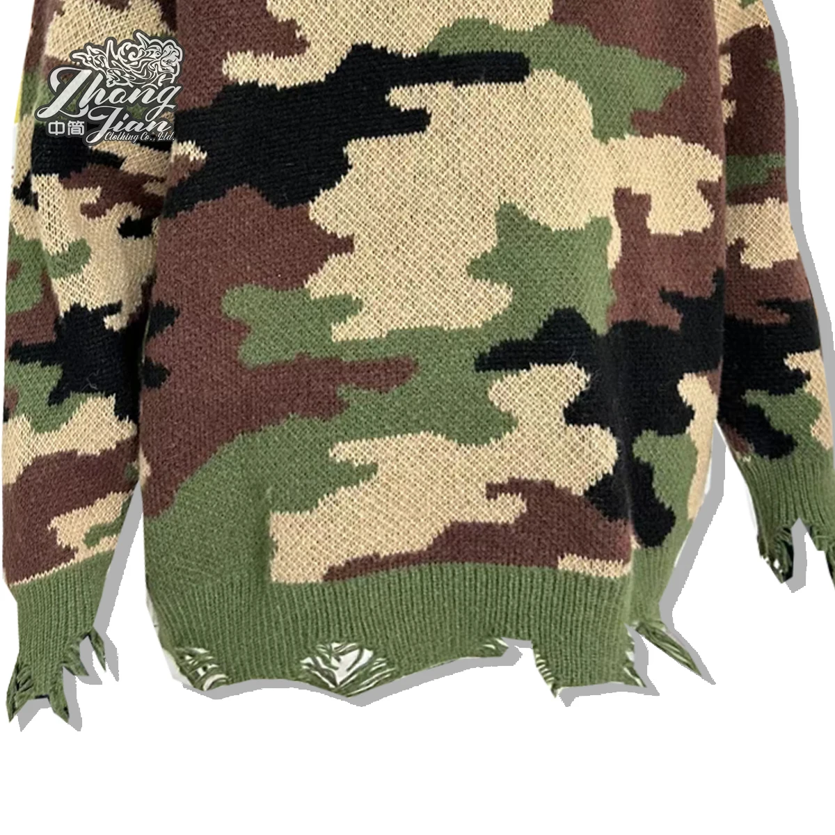 Custom camo knitting patterns outdoor camping camouflage jacquard distressed oversized sweater for men
