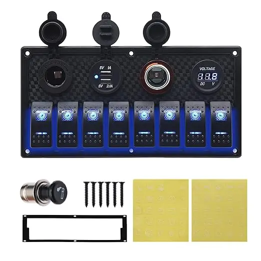 12V 8 Gang Marine Boat Switch Panel ON OFF 5 Pin Toggle Switches Panel with LED Circuit Breaker 3.1A USB Charger Voltmeter