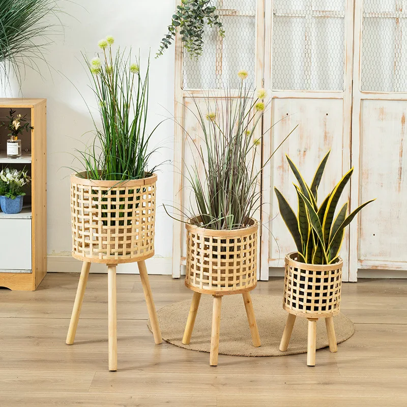 Rattan Flower Basket Bamboo Plant Pots Stand Wicker Planter Basket with Stand Legs for decorating living room, garden, terrace