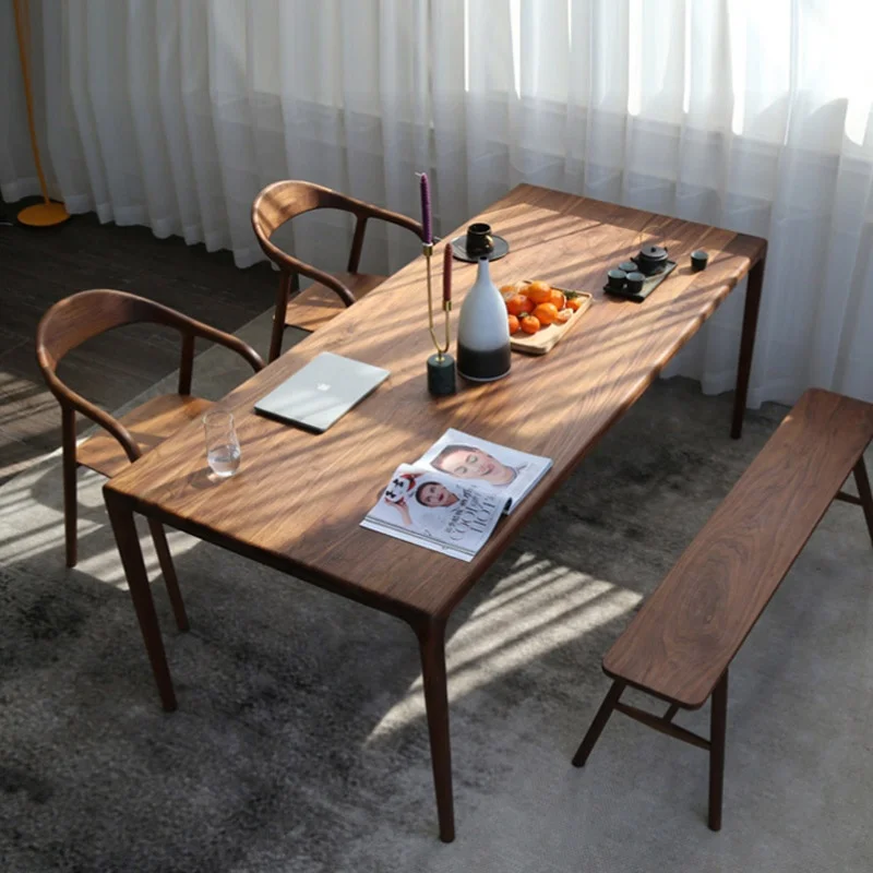 Modern Simple Design American Walnut Color Rectamgle Solid Wood Dinning Table Set 6 Seater