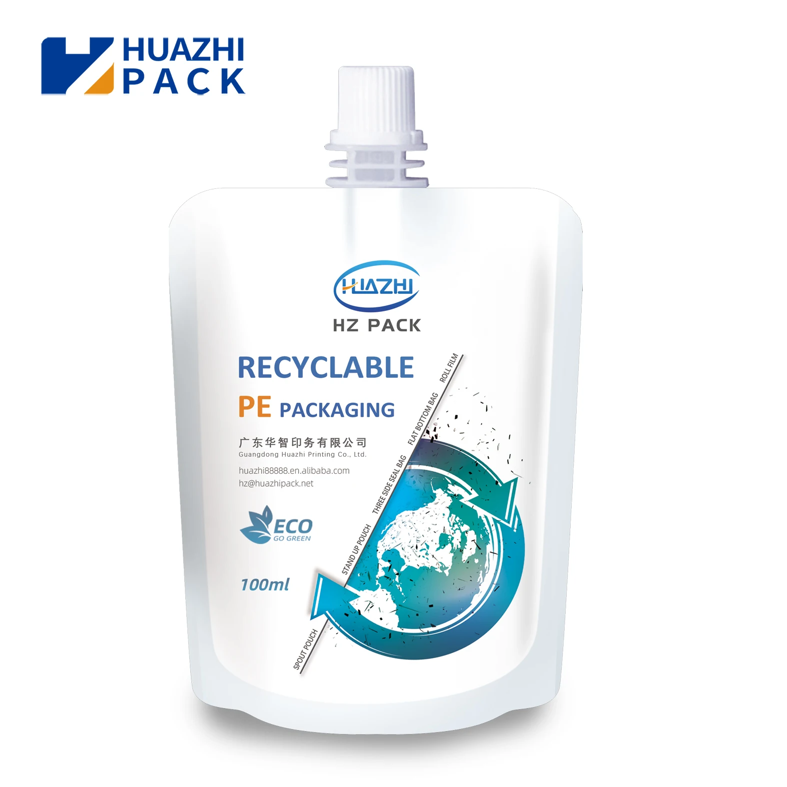 Recyclable plastic PE Liquid Packaging Doypack Food Grade Drink Squeeze Bags Stand Up Apple Juice energy drink Spout Pouch