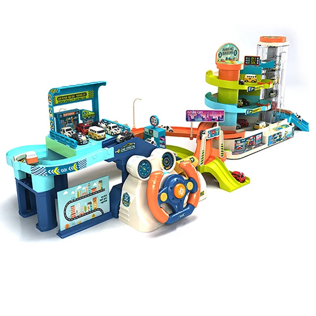 KSF DIY Assemble Multifunction Urban Rail Transit Steering Wheel Toys Car Driving Simulation Car Track City Slot Parking Lot Toy