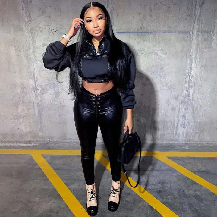 XLL High quality ladies skinny outfits black patchwork sexy leather set crop top PU pants 2pcs womens luxury clothing 2021