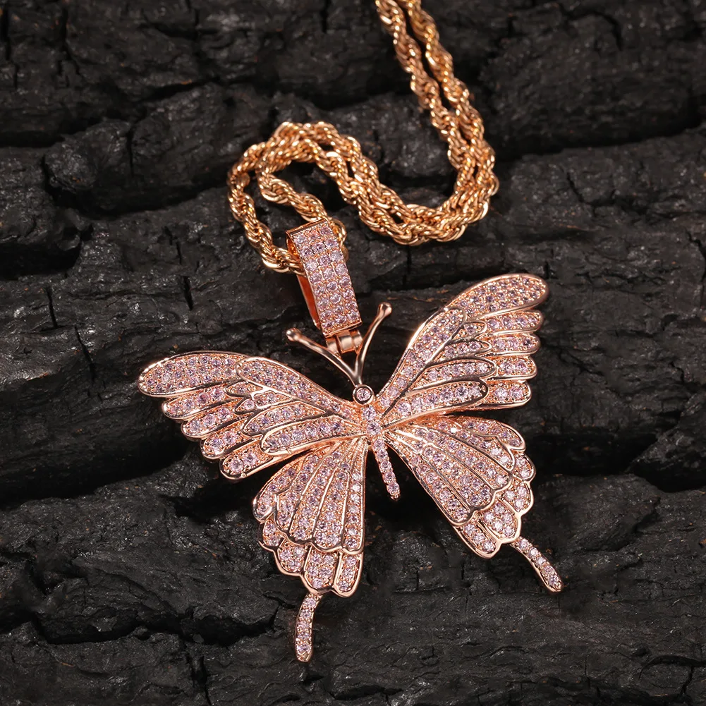 Pink color Small Cute Fine lovely butterfly necklace jewelry gift for girl hip hop iced out pink butterfly necklace