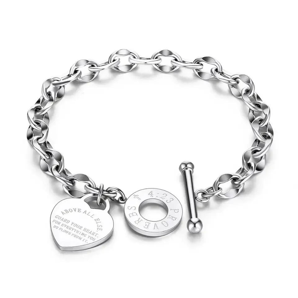 Fashion Christian Jewelry 316 Stainless Steel Jesus Bible Engraved Heart Shape Bracelet for Women