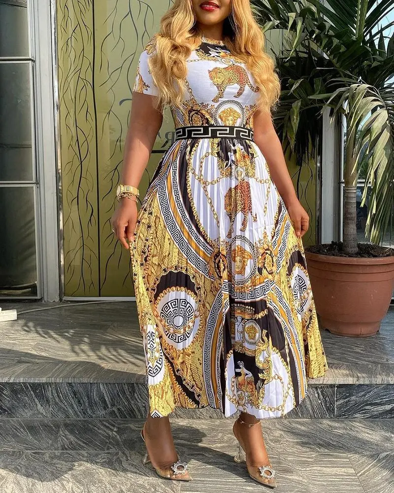 2022 new large size fashion high waist long skirt printing temperament commuter pleated dress