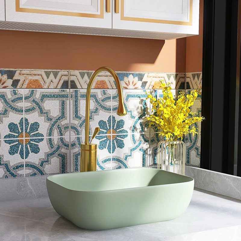 HEGII new design dining room countertop ceramic vessels sink washbasin matt light green color hand wash basin for hotel bathroom