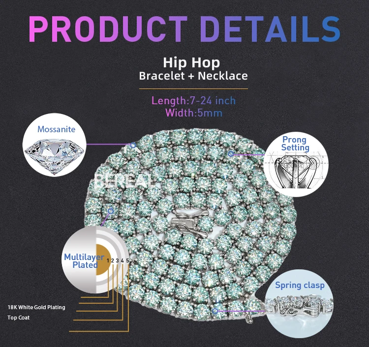 Factory Direct Sale GRA Rare Blue green Moissanite Tennis Chain 925 Silver White Gold 5mm 6.5mm Tennis Bracelet Necklace