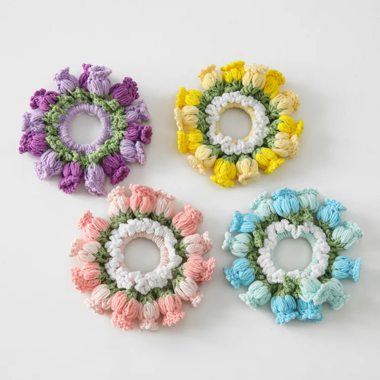 New designer sweet hand-made braided scrunchie beautiful knitted flower hair scrunchie