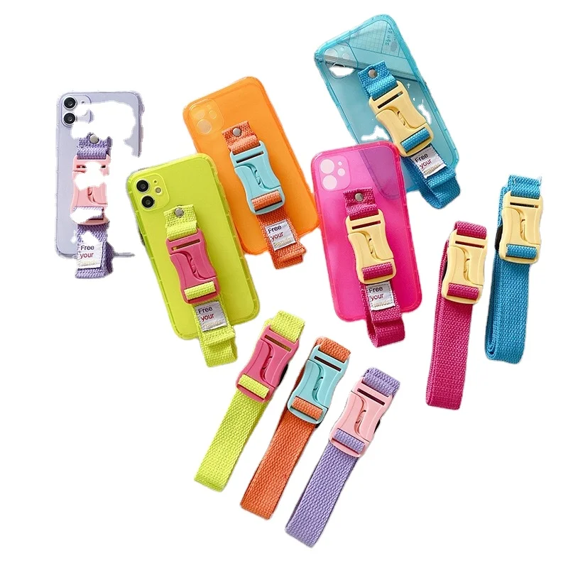 TPU Clear Neon Back with Wristband Back Necklace Caces For iPhone 12 Pro 14 11 Pro 7 8 Plus SE 6 X XS Max XR XS MAX 7 8 Plus