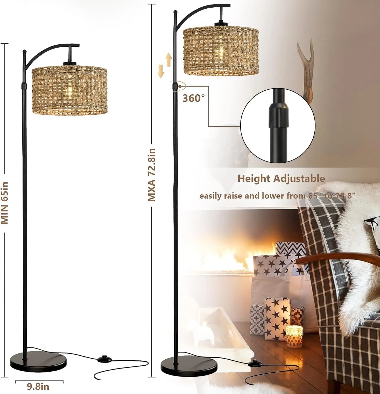 Boho Rattan Arc Standing Lamp With Remote Adjustable Industrial Floor Lamps Bohemian Decor for Living Room
