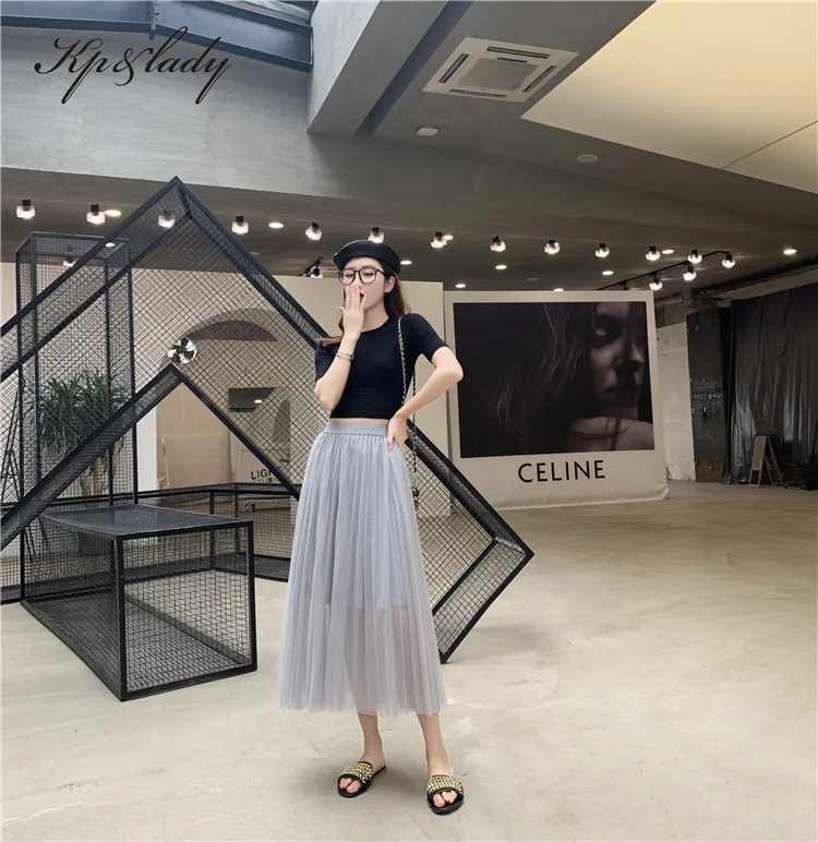 
2020 Spring And Summer High-waist Three-layer Yarn Slimming Mesh Pleated Long Skirt Large Drape A-line Skirt Mid-length 