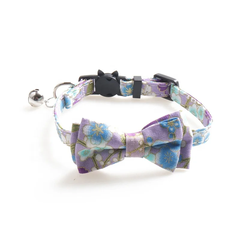 Bowtie Cat Collar With Bell.Colorful Sakura Kimono Style.Safety Breakaway.Light Weight,Soft,Durable.