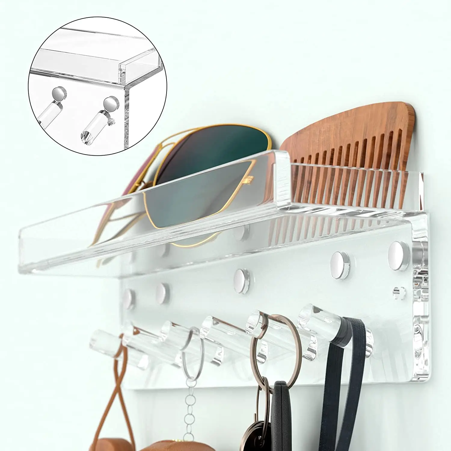 Magnetic Clear Acrylic Wall Hanging Key Rack Holder Shelf with 6 Hooks