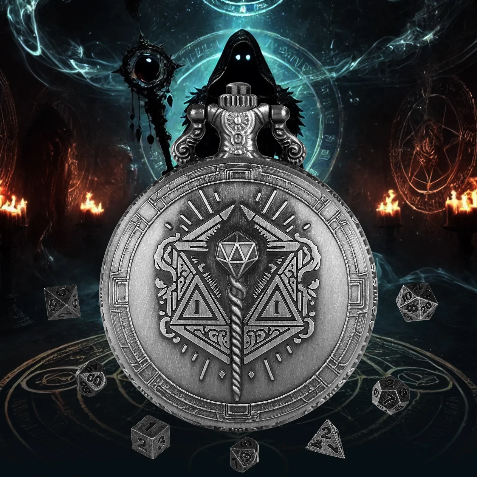 Magician Magic Staff Mysterious Theme Pocket Watch Dice Vintage Portable Cool Metal Dice Box