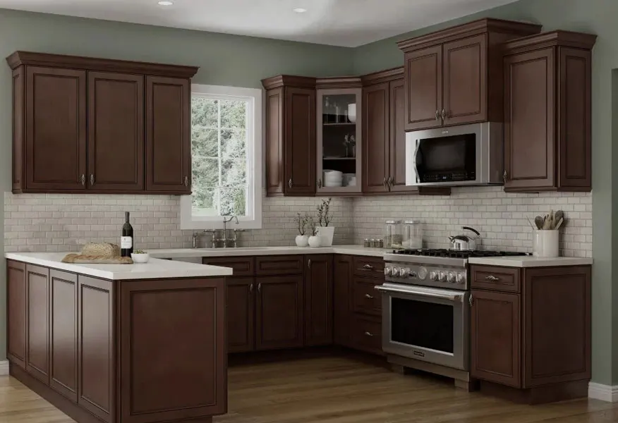 Prima High Gloss U Shape Glass Door Polymer PET Kitchen Cabinets For Villa Ready to Assemble