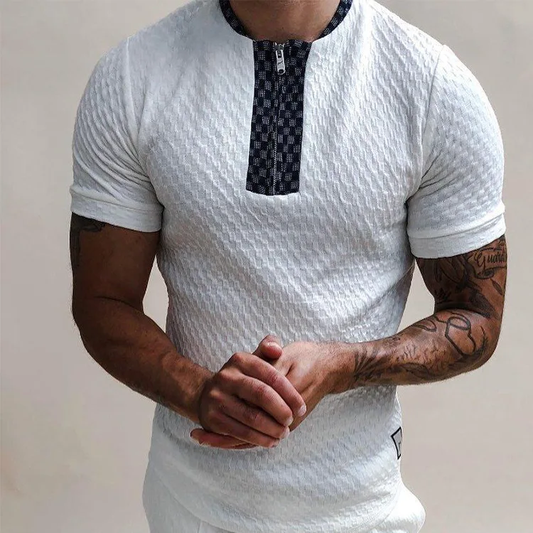 Good Selling Men Casual Half Zip Polo Shirt Knit Jacquard White Short Sleeve T-Shirts