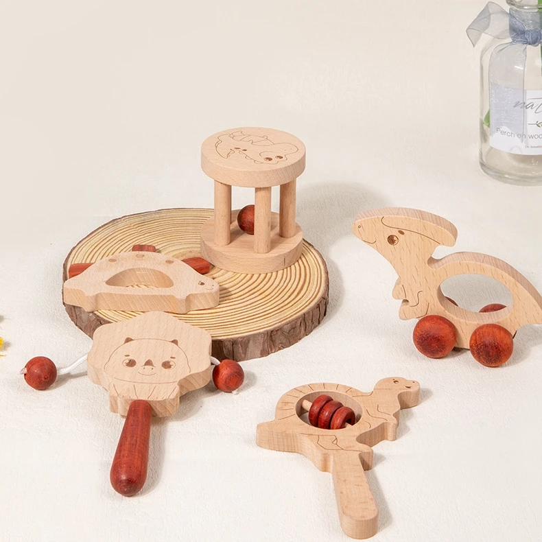 Infant Developmental Montessori Interesting Infant Wooden Hand Sensory Rattles Set Babe Rattle Toy