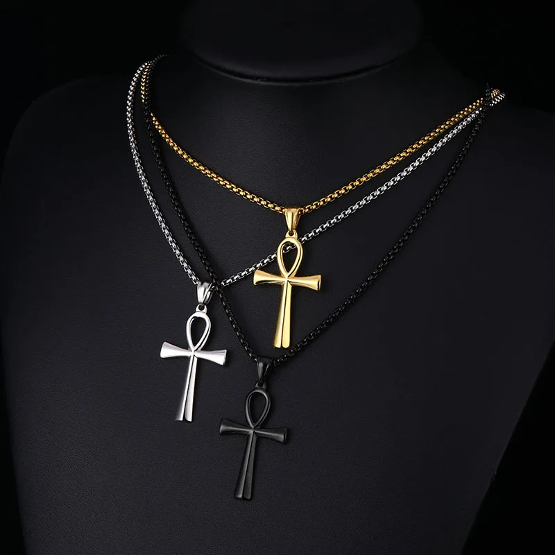 Luxury Religious Ankh Cross Pendant Necklace Fashion Womens Egyptian Mens Jewelry Stainless Steel Amulet Pendant Chain Gift