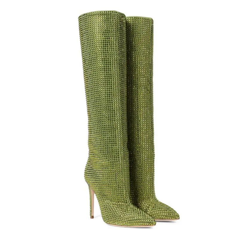 Fashion show cross-border foreign trade Large size lady sky Star stiletto heel rhinestone pointed knee sheepskin thigh-high boot